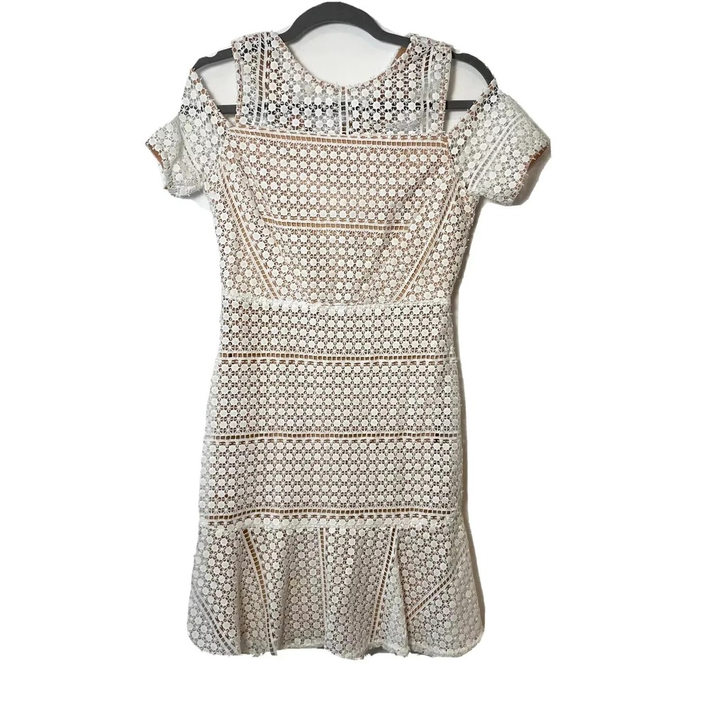 INA Peekaboo Cold Shoulder Sleeve Mini Dress Womens S White Ruffle Hem Lace